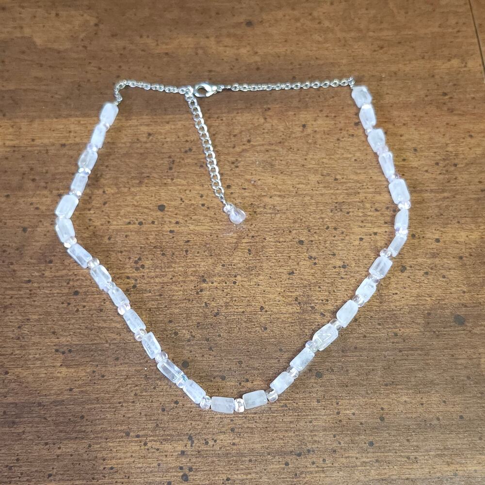 Frosted Clear Quartz Rectangle Bead Necklace Silver Tone Chain Adjustable 18"